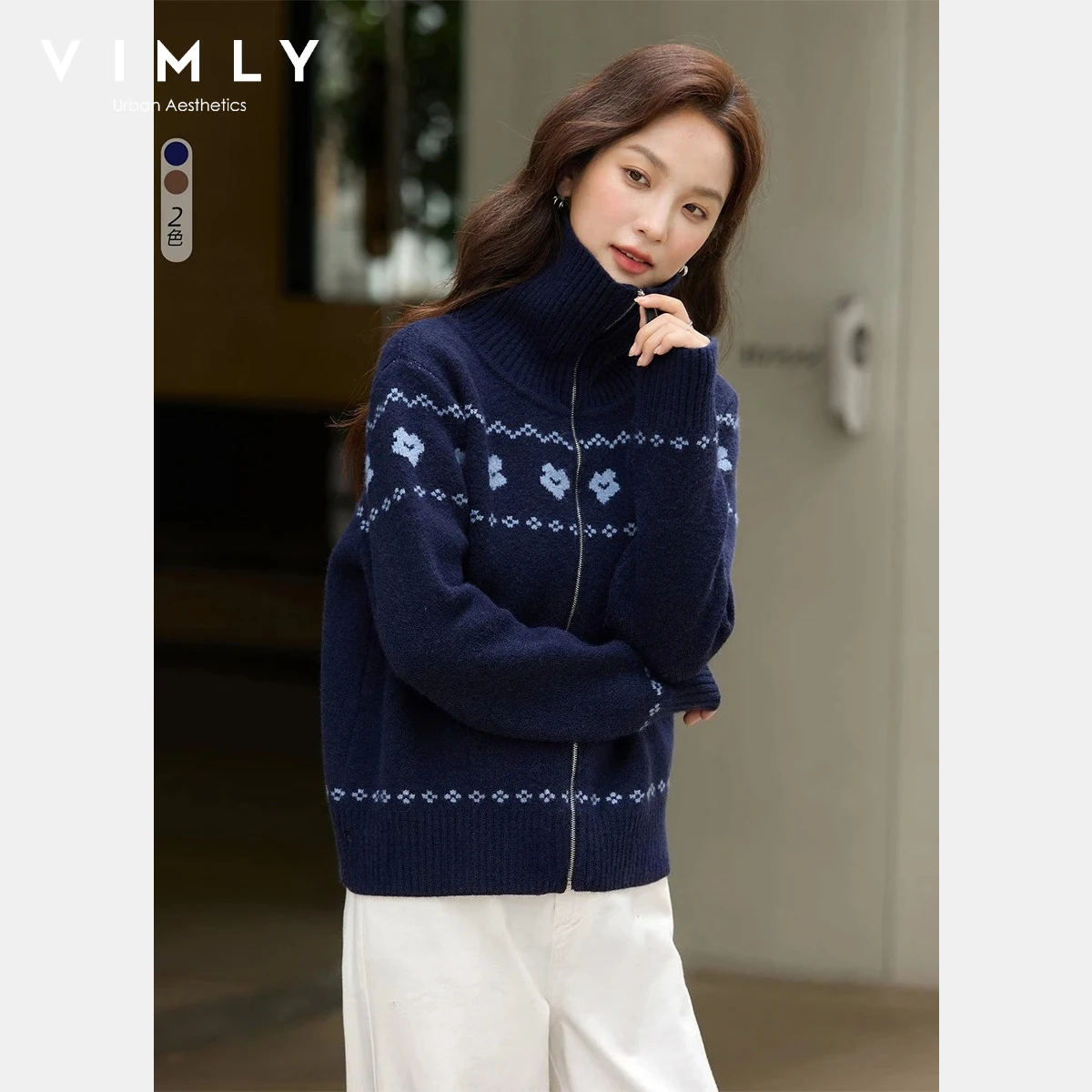 

VIMLY Women's Navy Blue Knit Cardigan 2025 Autumn Turn-Down Collar Zipper Front Contrast Jacquard Sweaters Casual Knitwear 75258