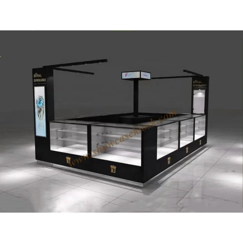 customized.Custom Made Black Jewelry Showcase Counter Design Mall Modern Wood Retail Jewelry Kiosk