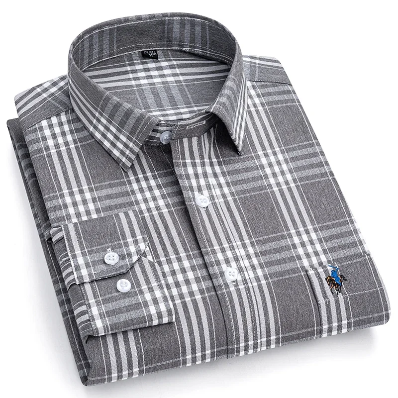 Camisa de manga larga de algodón para hombre, ropa elegante de moda, bordada, a cuadros, informal de negocios, talla grande, nueva