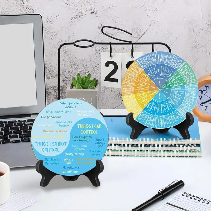 Feelings Wheel Poster 2X Wooden Calming Emotions Wheel Poster With Stand Desk Decor Mental Feeling Chart For Home Workplace