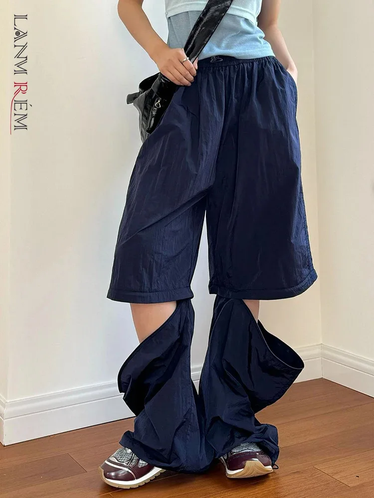 

[LANMREM] Sweetheart Detachable Nylon Pants Women Drawstring High Waist Wide Leg Trousers Designer Clothes 2024 New 26D9266