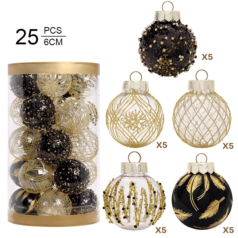 25pcs Christmas Ball Decoration 6cm Black Gold Baubles Christmas Tree Hanging Ornaments for 2025 Noel Navidad Xmas Party Pendant