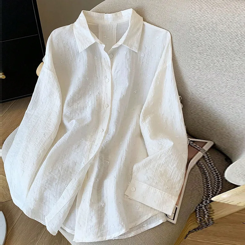 

European and American Style Solid Color Crepe Long-Sleeved Shirt 2025 Autumn Loose Blouse Women's Cardigan