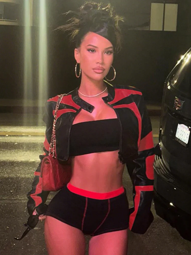 Whatiwear Chaude Filles Contraste Patchwork Manteaux Femmes Faux Cuir Zip Bouton o-cou À Manches Complètes Rue Style Classique Veste