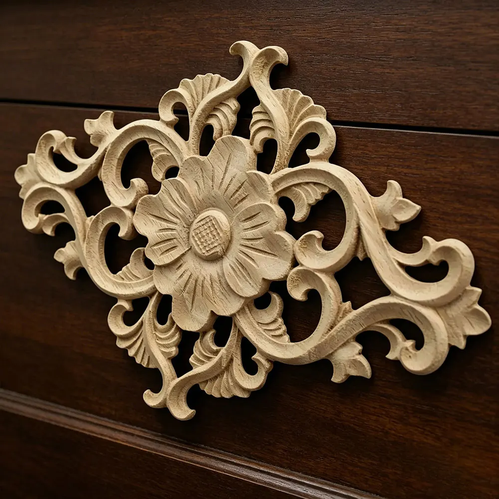 

2PCS Unique Natural Floral Wood Carved Wooden Figurines Crafts Corner Appliques Frame Wall Door Furniture Woodcarving Decorative