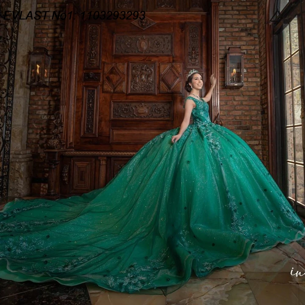 EVLAST Customized Mexican Emerald Green Quinceanera Dress Ball Gown Lace Applique Beads Corset Sweet 16 Vestido De 15 Anos E1Q92