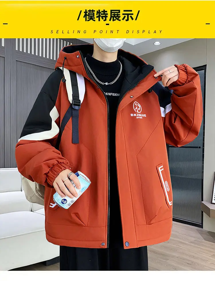 Modische Jugendliche Jacken mit Kapuze, verdicktem und plüschigem Futter, Herbst/Winter 2026, warme Fleece-Mäntel für Herren, Streetwear, winddichte Parkas – Detail 11