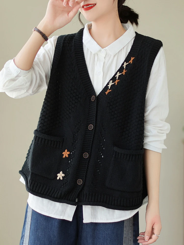 여성용 빈티지 스웨터 조끼, V넥 용수철, 가을 니트 코트, 플로럴 니트웨어, 민소매 아웃웨어, 캐주얼 하라주쿠 데일리 패션