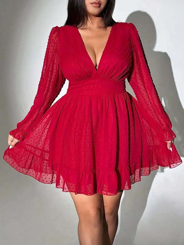 جديد مثير الخامس الرقبة فستان قصير حجم كبير الصلبة البولكا نقطة طويلة الأكمام الأمريكية ضئيلة ألف خط تنورة أنيقة حفلة المرأة مساء اللباس