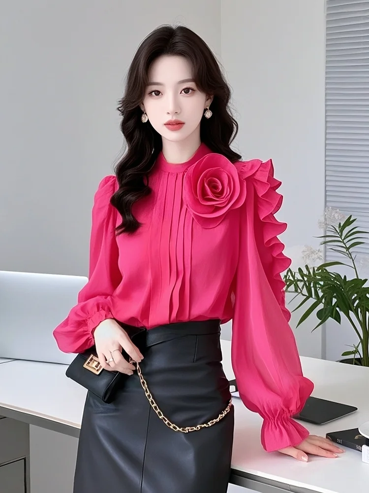 Französisches einzigartiges und schönes Design Sense Nischenoberteil High Sense Rose Red Dreidimensionales Rosenhemd Damen Frühling TT1052