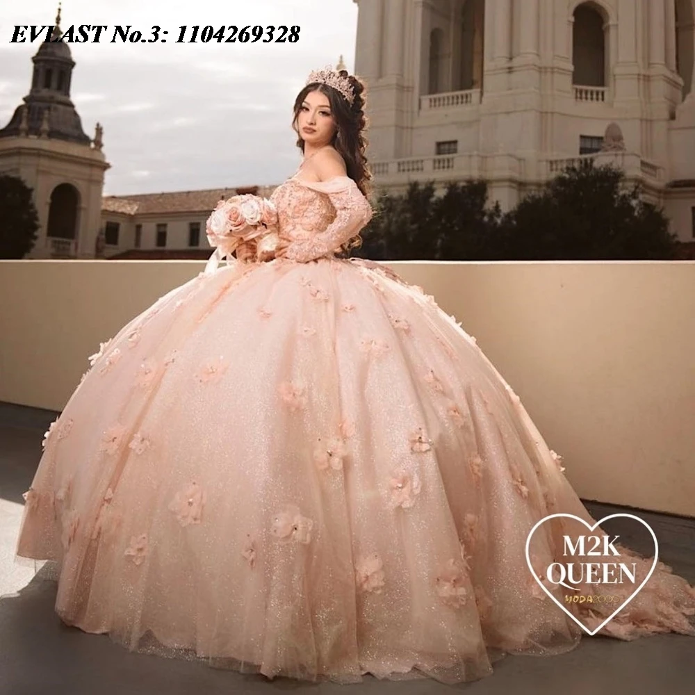 

EVLAST Customized Shiny Pink Floral Quinceanera Dress Ball Gown Applique Beads Crystal Corset Sweet 16 Vestidos De 15 Anos E3Q76