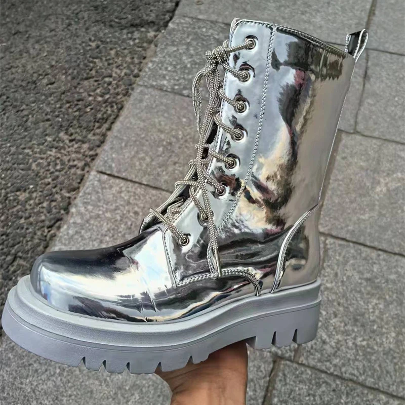 2026 Silver Belt Buckle Cross Strap Rhinestone Short Boots Casual Motorcycle Thick Sole Knight Boot Women Winter Silver Shoes