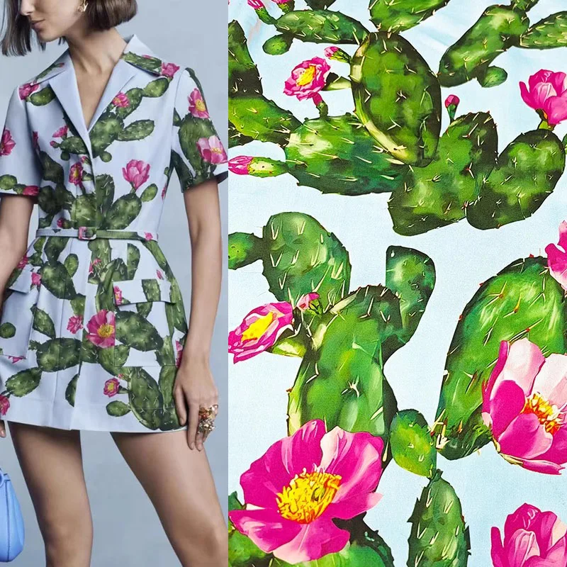 

Europe and America Cactus and Flower Printed Cotton Sateen Fabric For Woman's Spring Dress Pants DIY Cloth Sewing Material