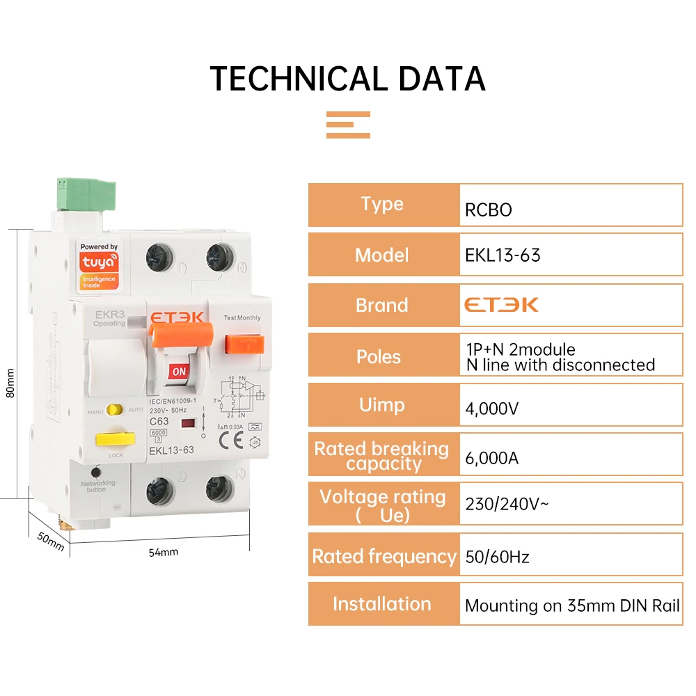 Imagem -04 - Etek-tuya Wlfl Disjuntor Inteligente Rcbo Controle Remoto Proteção contra Curto-circuito Cronometrado 2p sem Medição Ekr3l