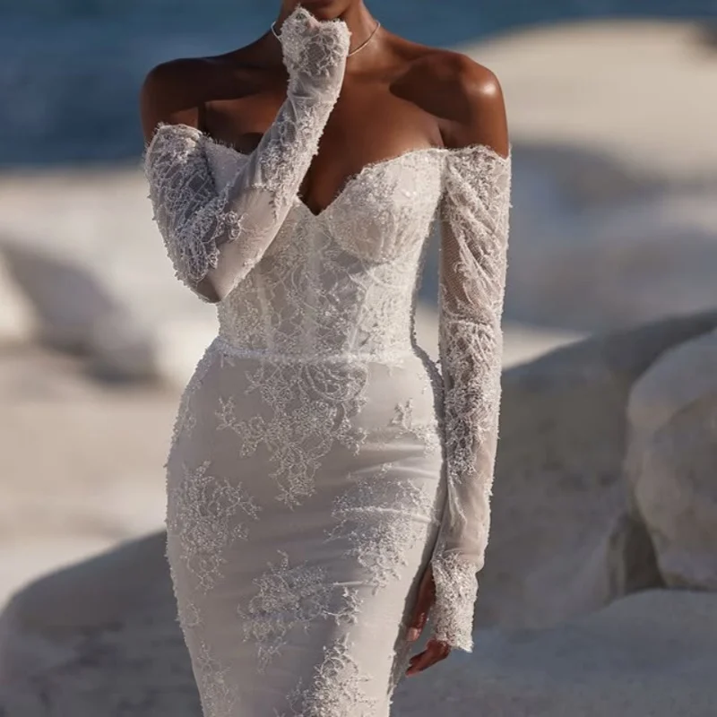 

Lace white Appliques Wedding Dresses off-shoulder Fishtail Skirt Long tail long sleeves Bridal Gowns Made Customized