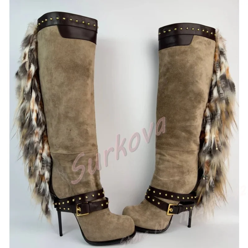 

Коричневые сапоги до колена с заклепками и мехом, высокие сапоги на шпильке с круглым носком и боковой молнией, зимние нескользящие теплые модные вечерние женские сапоги