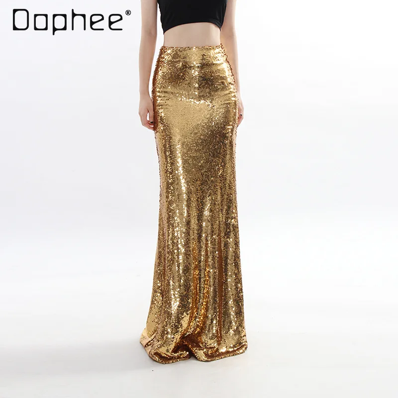 2025 otoño nuevo elegante ligero de lujo adelgazante pesado lentejuelas sirena vestido de mujer de gama alta alta alta sociedad falda de longitud media vestido de noche