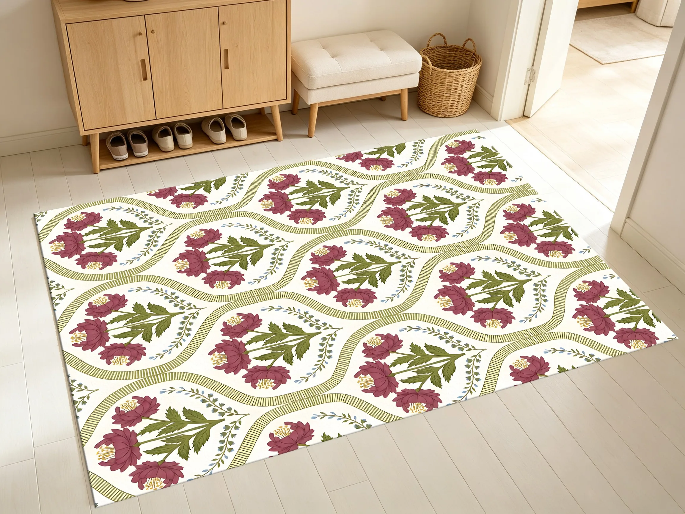 French Retro Area Rug, Arched Red Floral Pattern, Soft Delicate Velvet Texture for Living Room Bedroom Home Decor