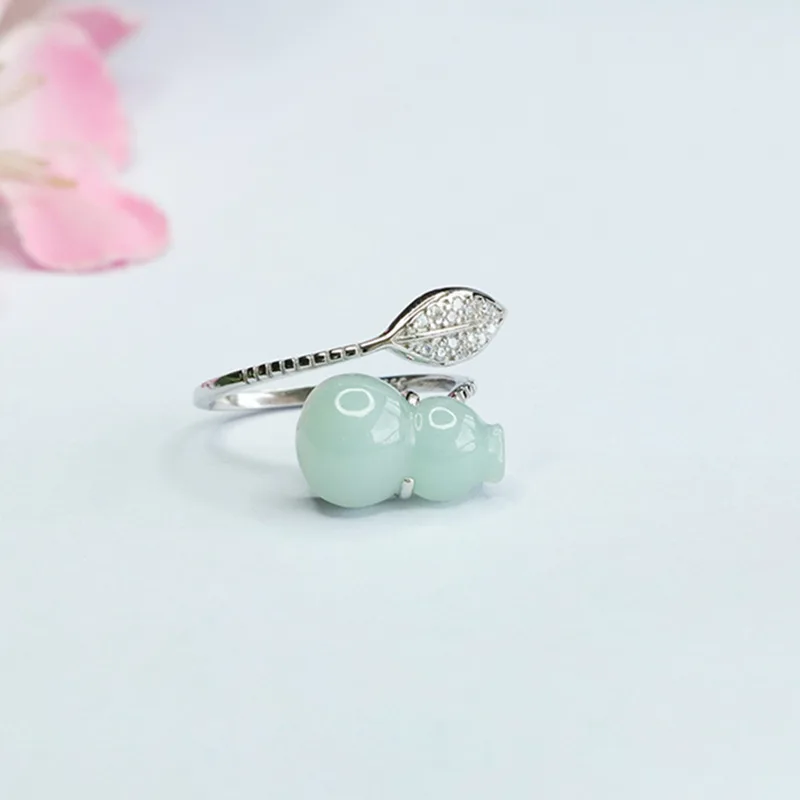

S925 silver inlaid natural jadeite gourd ring Myanmar jade open ring