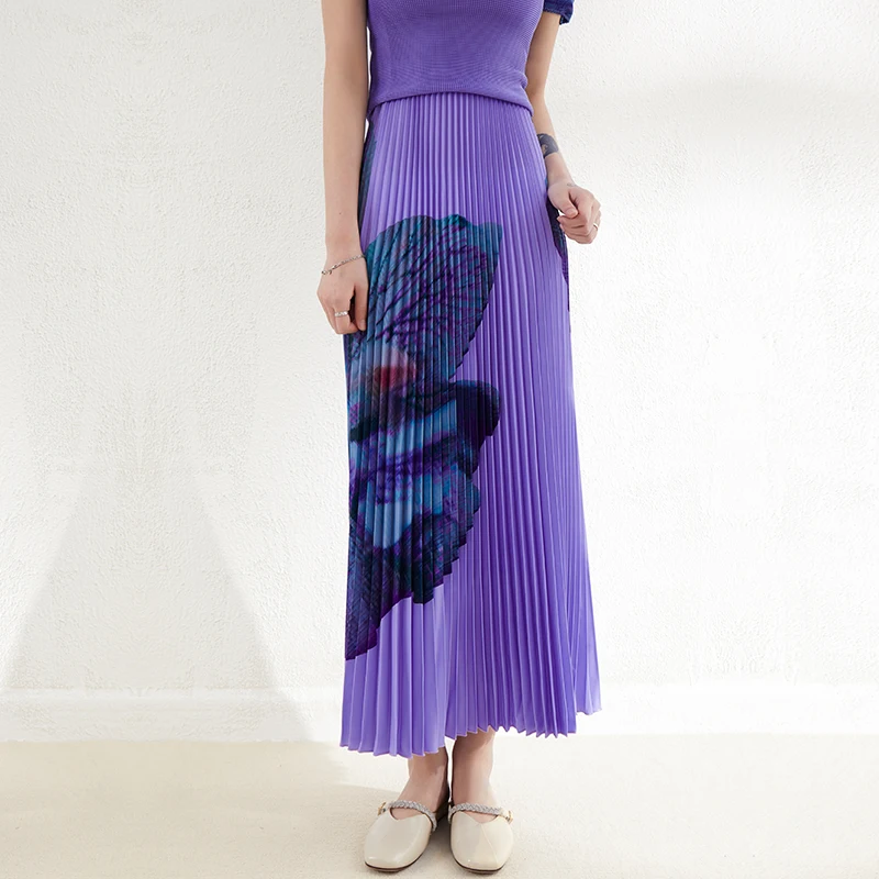 Miyake Summer Ladies Fashion Pink Short Skirt Set Short Sleeve Elastic Waist Flowers Print Pleated Skirt Two Piece