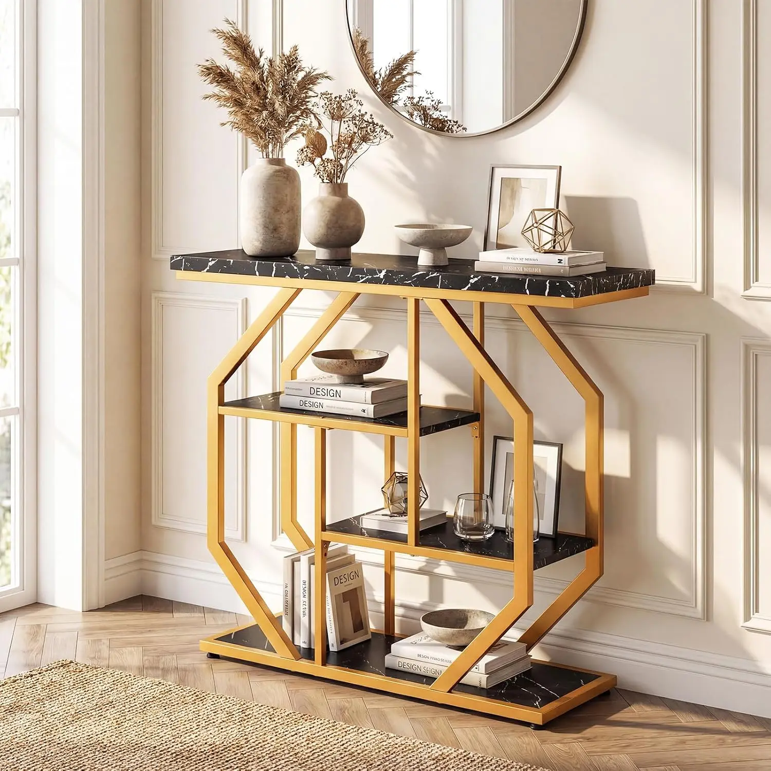 40" Narrow Console Table Faux Marble Gold Metal Frame 4-Tier Storage Behind Sofa Entry Living Room Hallway, Customized