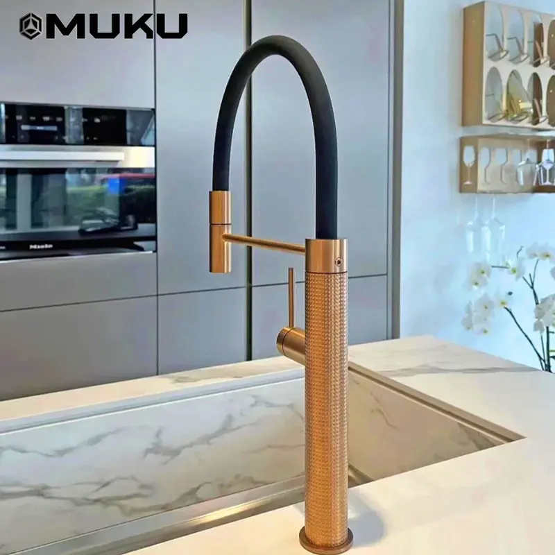 Rose Gold Kitchen Sink Faucet Hot&Cold Mixing Washing Basin Telescopic Rotating Gun Gray Copper Pull-out Kitchen Crane Faucet