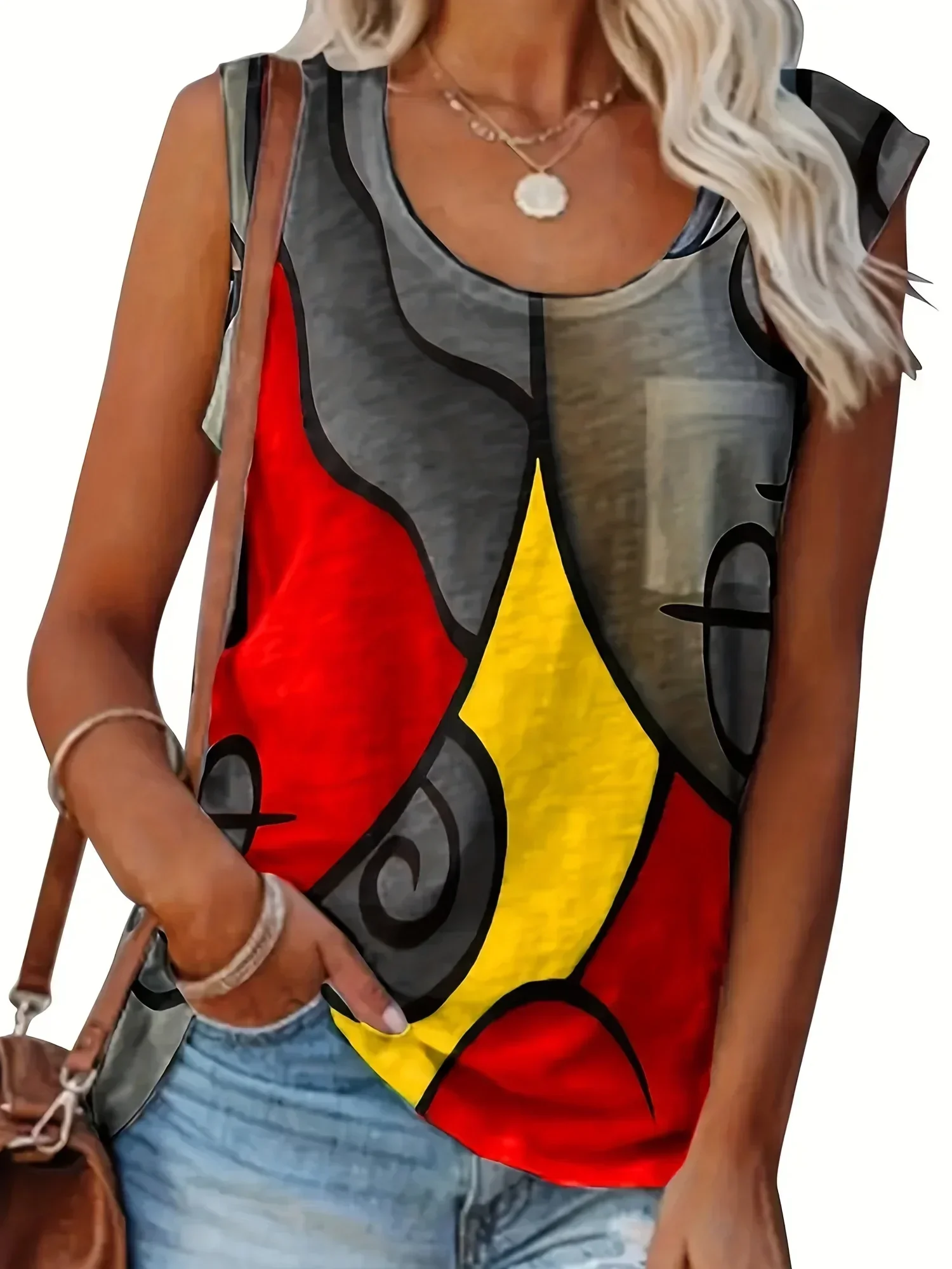 Damska koszulka bez rękawów Plus Size 1XL-8XL Fashion Ladies Casual Crew Neck Summer Colorblock Print Vest Tank Top