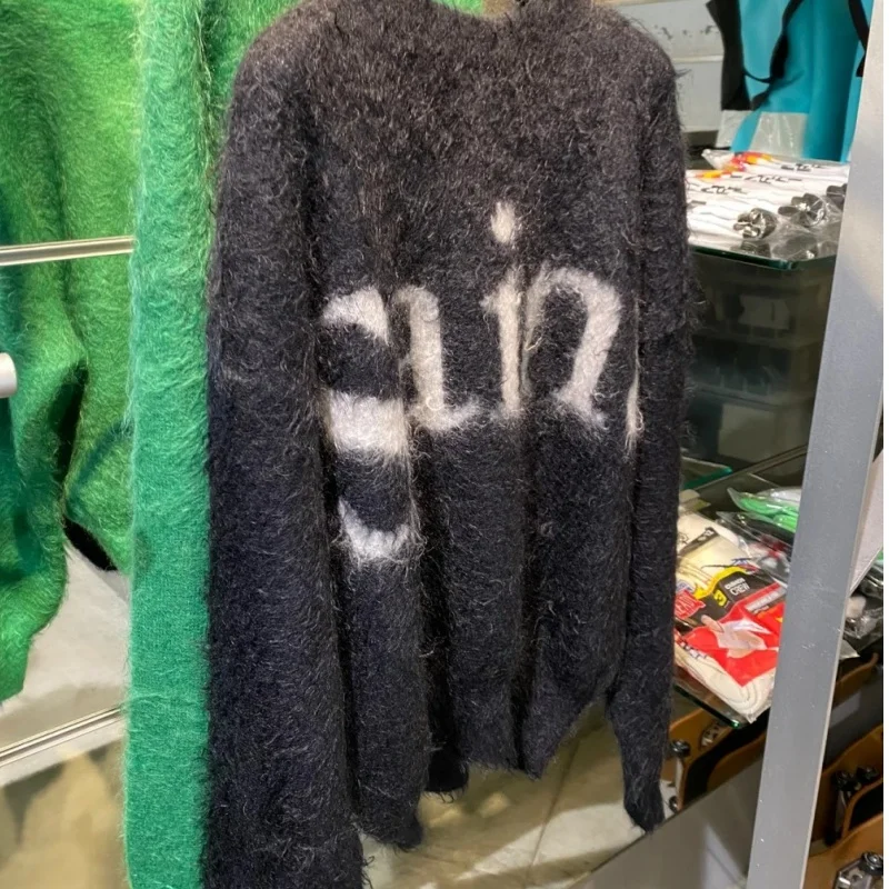 

High Quality Winter Black Saint Sweater Men Women Versatile Casual Letter Mohair Short Knit Sweater Round Neck Pullover