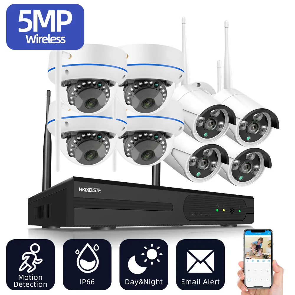 

5-мегапиксельная купольная камера Wi-Fi, 8-канальная уличная водонепроницаемая система с аудиозаписью и 8-канальным беспроводным сетевым видеорегистратором для видеонаблюдения