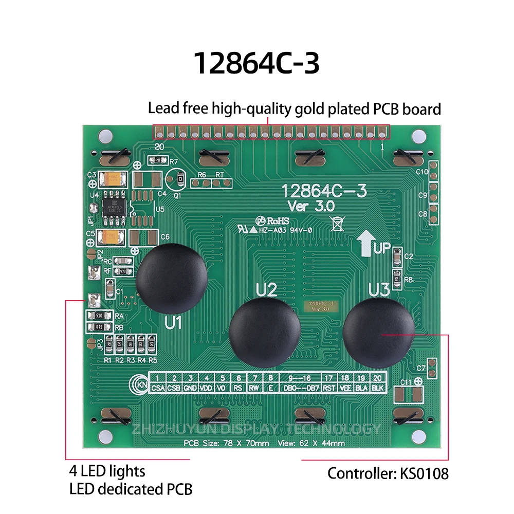 Contrôleur de LCD12864C-3 de marchandises de tache Ks0108 12864 vert émeraude lumière caractères noirs technologie LCM