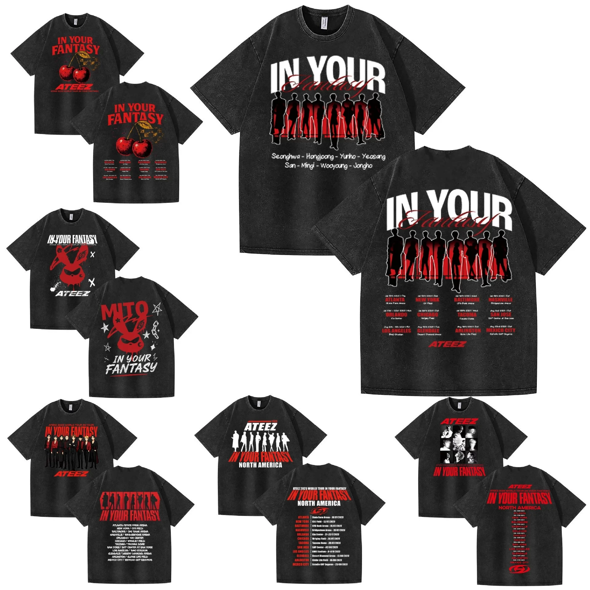 

Kpop ATEEZ 2025 IN YOUR FANTASY Man/Women Washed Black T-shirt Round Neck Short Sleeve Casual Unisex Streetwear COTTON Top