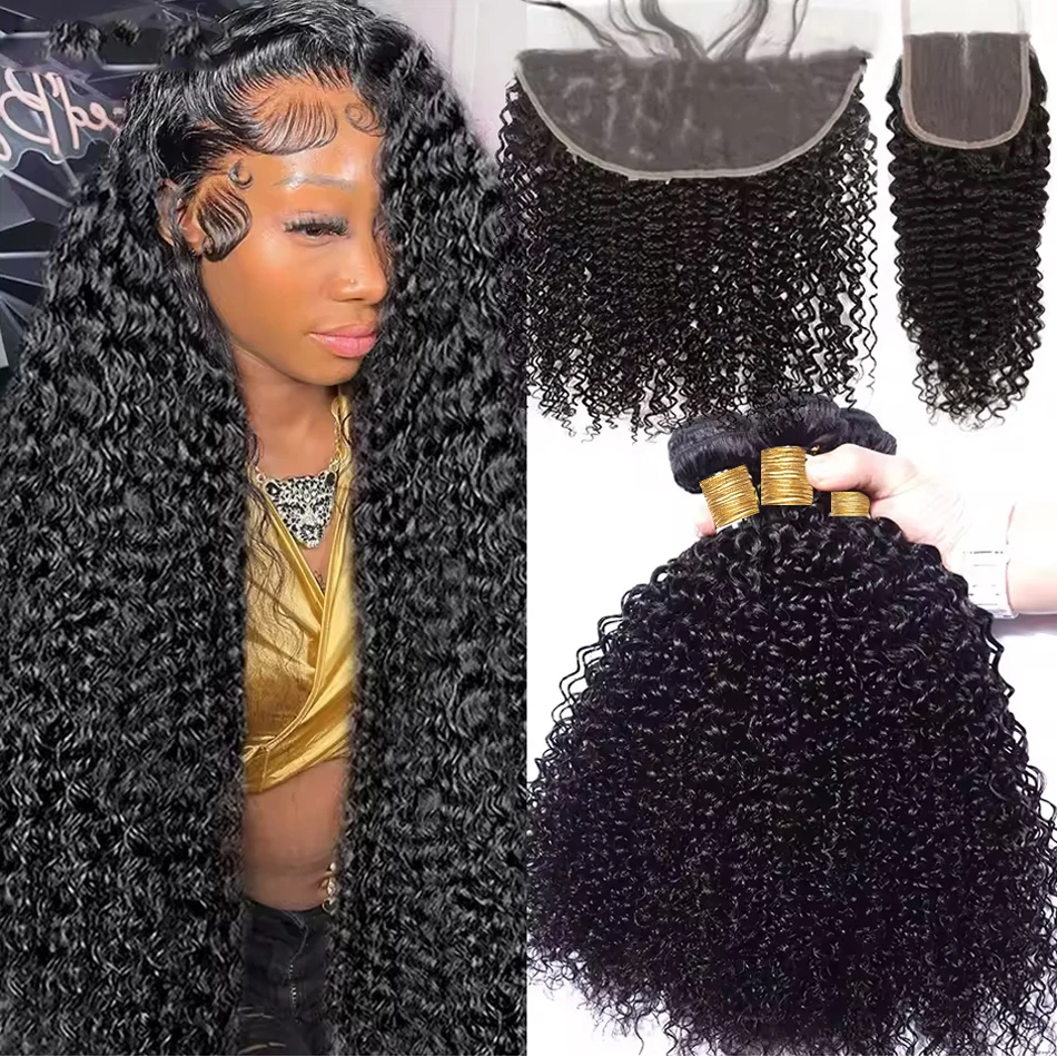 

Пучки человеческих волос Jessenia Curly Deep Wave с фронтальной застежкой 13X4, 100% необработанные человеческие волосы, плетение вьющихся волос, пучок