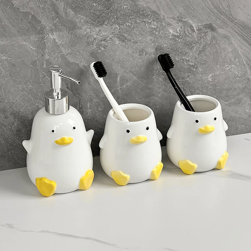 Cute Duck Soap Bottle Gargle Cup Storage Jar Ceramic Bathroom Supplies Household Toothbrush Cup Bathroom Decoration Accessories