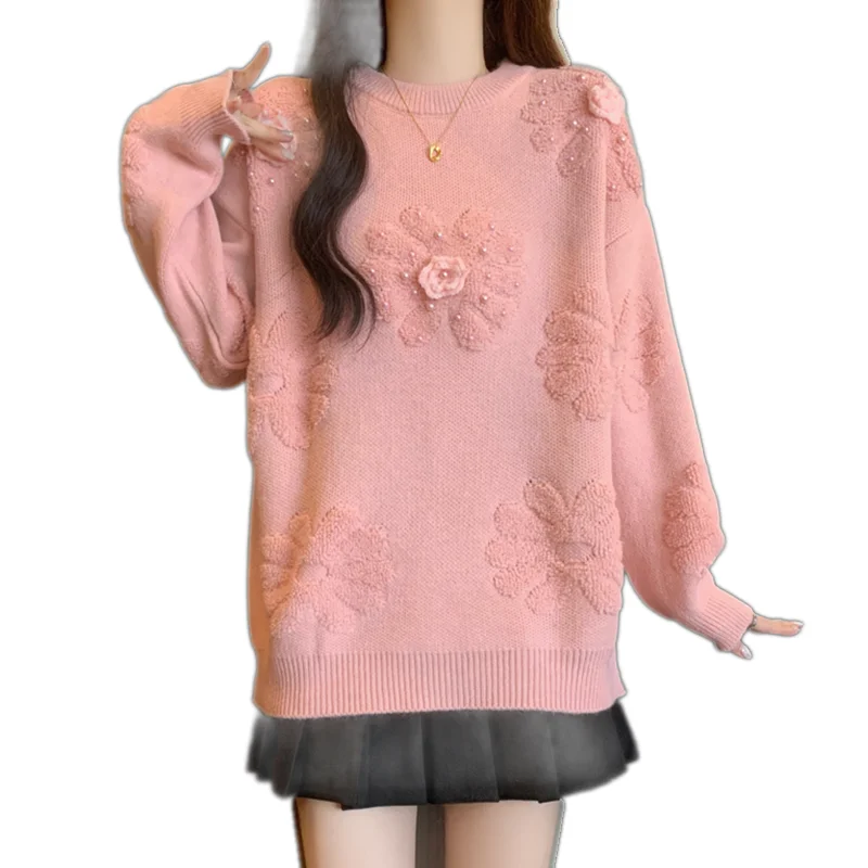 

2024 New Autumn Winter Women Loose Pullover Sweater High Quality Sweet Beading Floral Jacquard Knitted Sweater