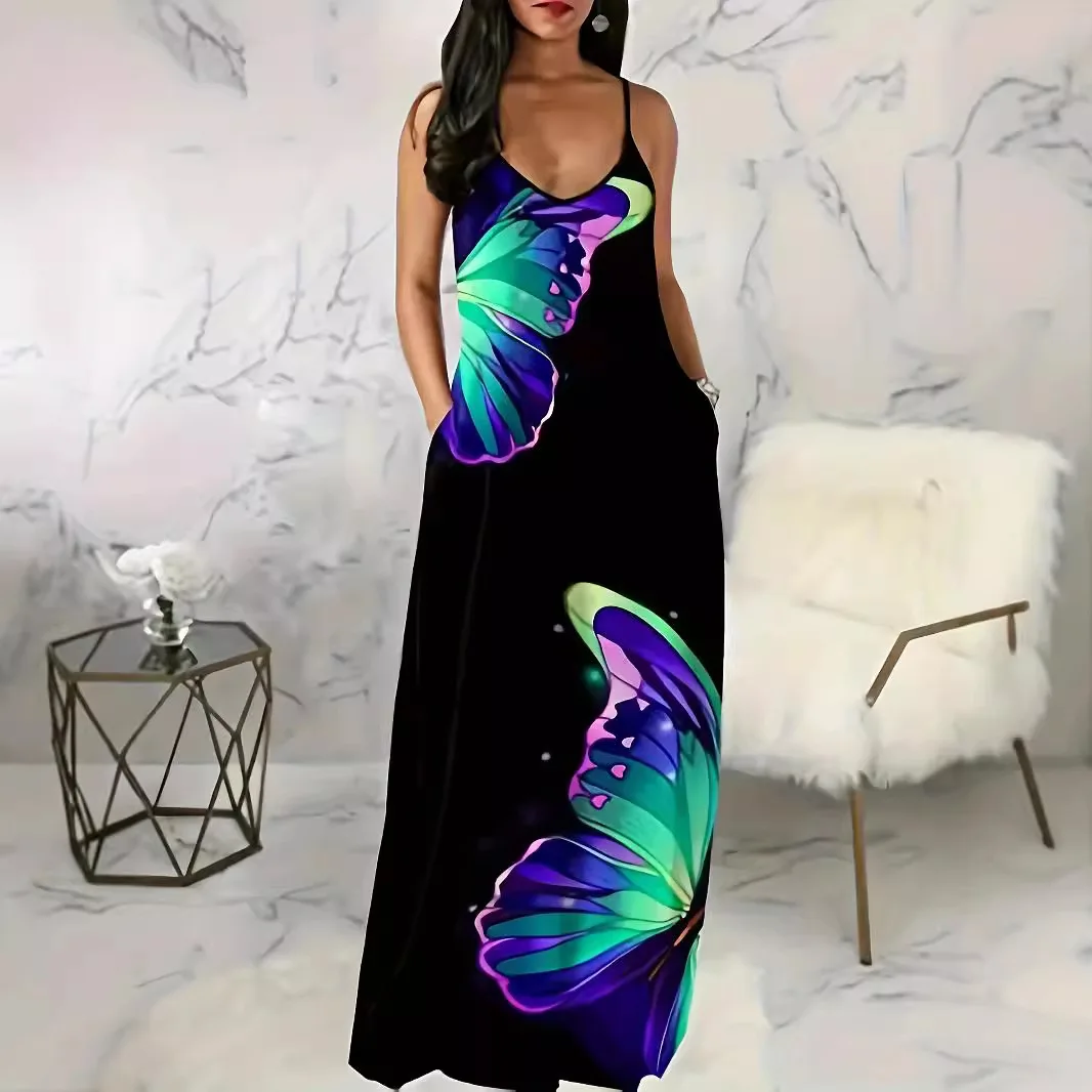 

Новое женское платье большого размера в европейском и американском стиле с принтом бабочек, сексуальное, с V-образным вырезом, длинное, на бретелях.