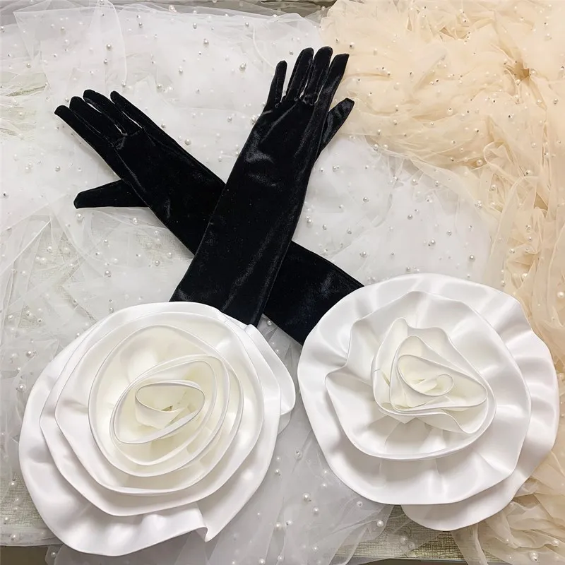 Women\'s Elegant White Flower Long Black Velvet Glove Female Spring Autumn Vintage Driving Photograph Performance Glove R1690