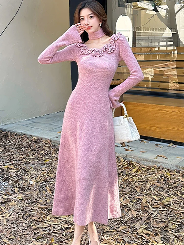 

Women Pink Knitted Ruffled Collar Sexy Long Dress Autumn Winter Korean Vintage Luxury Evening Dress 2025 Elegant Bodycon Dresses