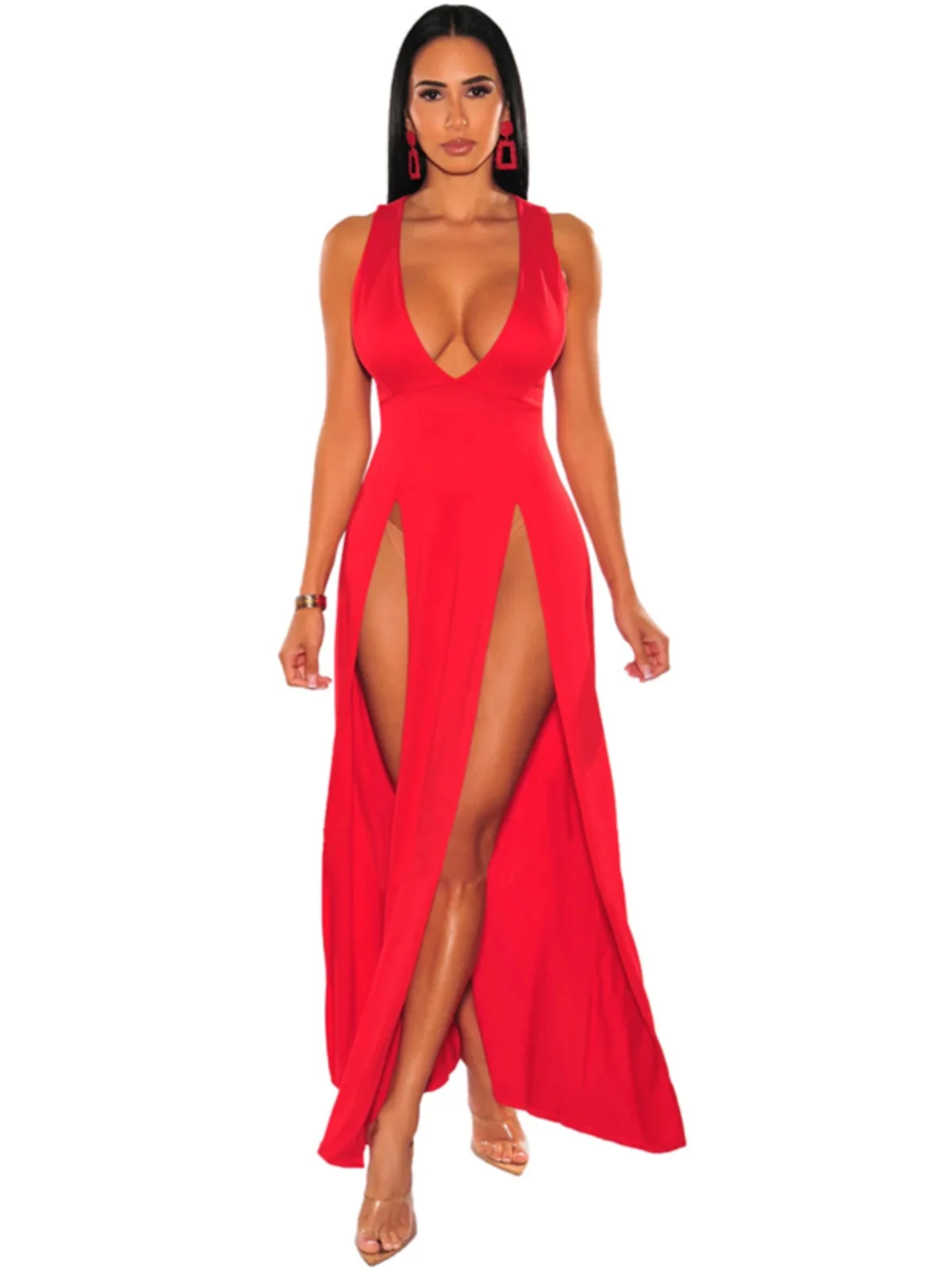 Vestido Midi sin Mangas con Escote Profundo en V y Abertura, Color Puro, Estilo del Sudeste Asiático, Moda Femenina, Primaver...