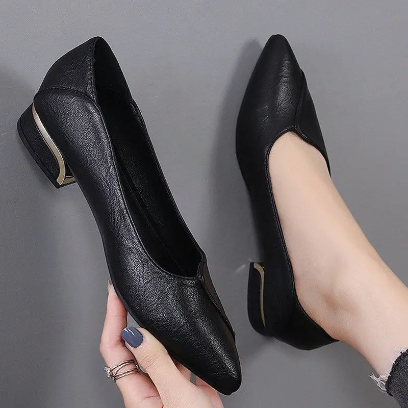 Real Soft Leather Shoes Women\'s Thick Heel 2022 Spring And Autumn New Mid-heel Pointed Toe Work Shoes Casual Women\'s Shoes