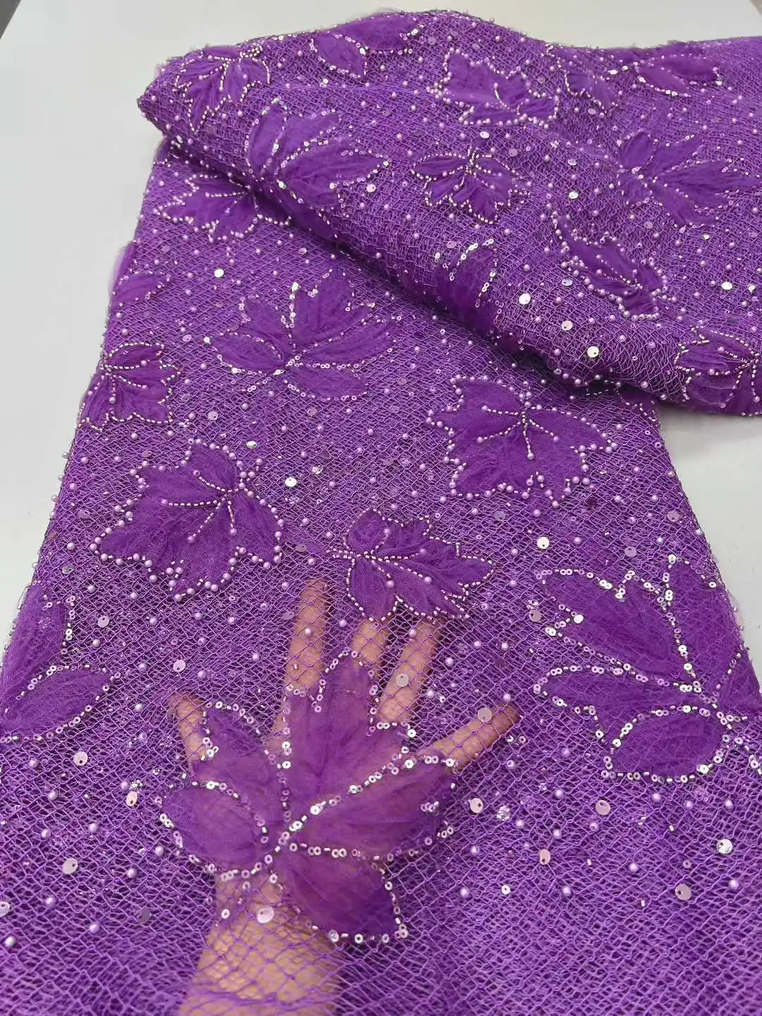 

Luxury Bead Tube Embroidery African Lace Fabric 2025 High Quality French Sequined Tulle Fabric For Nigerian Wedding Party