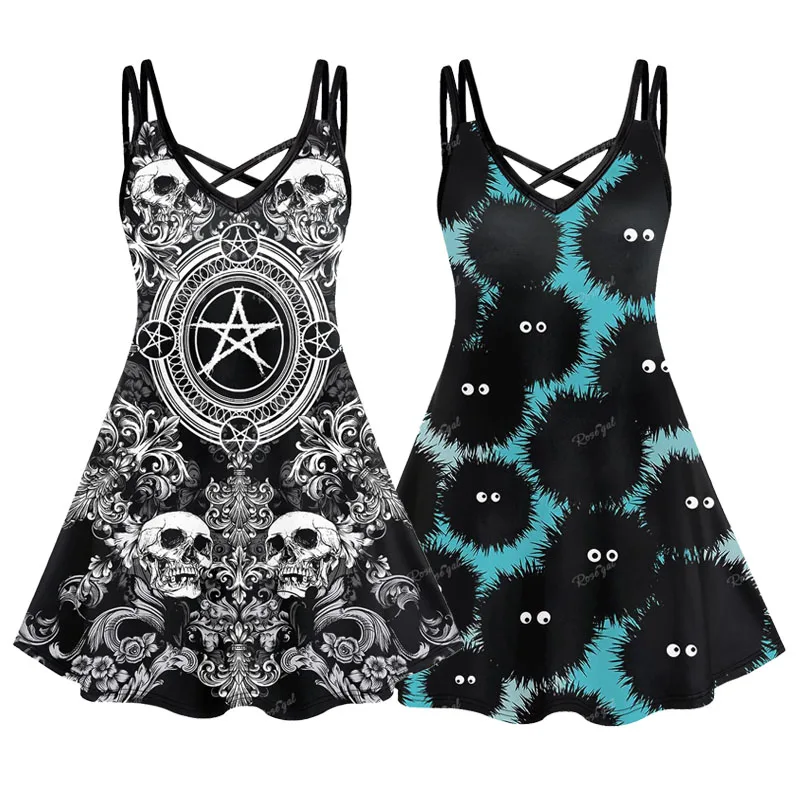 Plus Size Dresses Gothic Skulls Sea ​​Urchin Cute Printed Crisscross Cami Dress Women Sleeveless Vestidos 6X