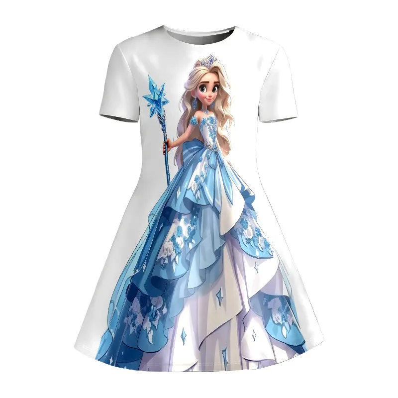 Mädchen-T-Shirt-Kleid mit Eisprinzessinnen-Aufdruck, blau-weißes Märchen-Kinderparty-Freizeitkleid, geeignet für Geburtstagsgeschenke
