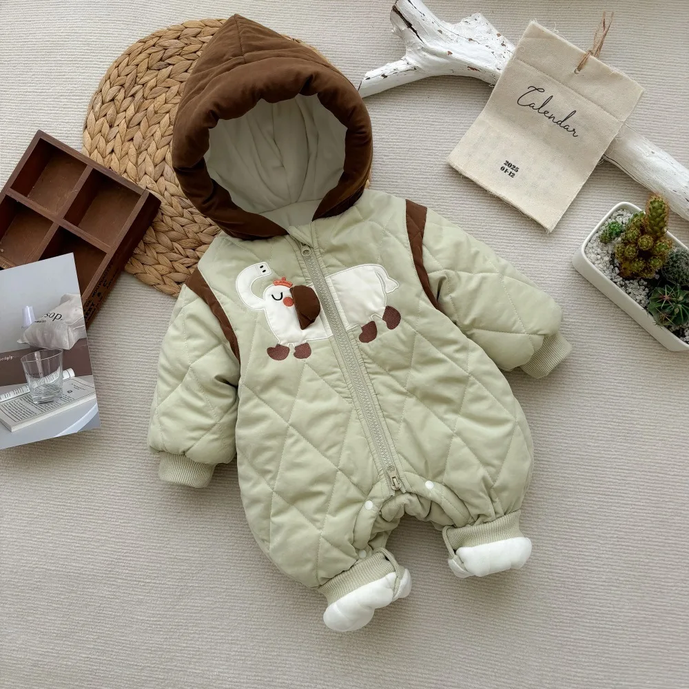 Korean Winter Infant Boys Jumpsuit Hooded Cotton Padded Plus Velvet Cartoon Elephant Baby Boys Rompers Newborn Boys Parkas