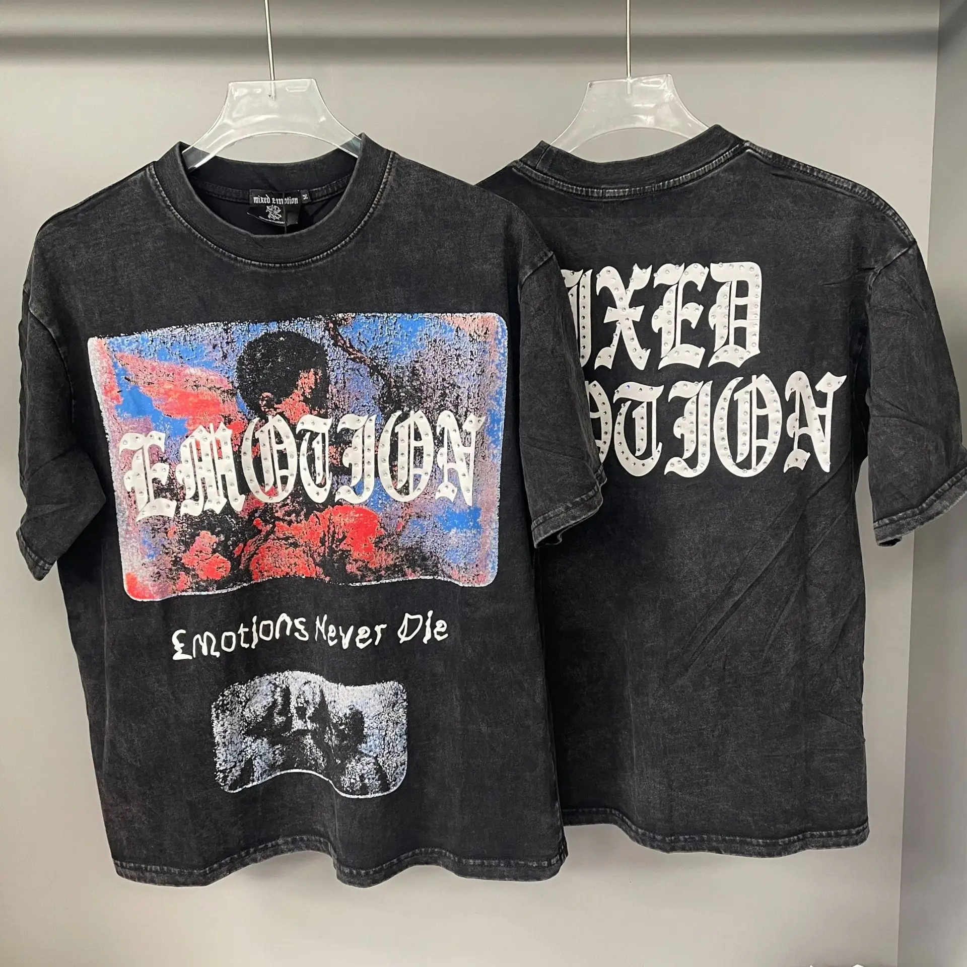 Mixed Emotion Street Retro Print Washed Water-Damaged Beaded Trendy Loose Men's and Women's Short-Sleeved T-Shirt