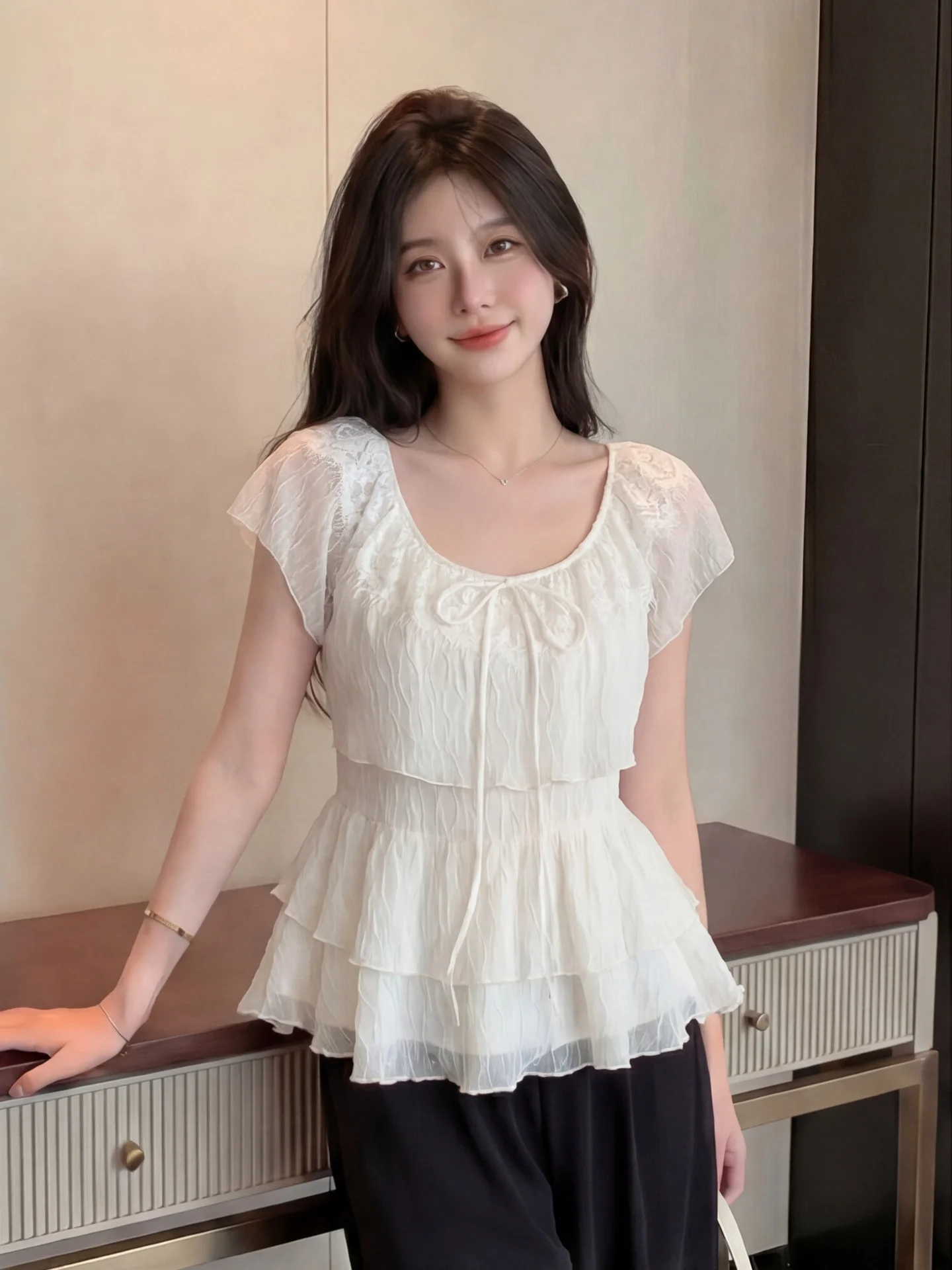 

Knot Short Sleeve Lace Splice Chiffon Top Women's Summer New Style Fashionable Yellowish-Brown Hemline Gown