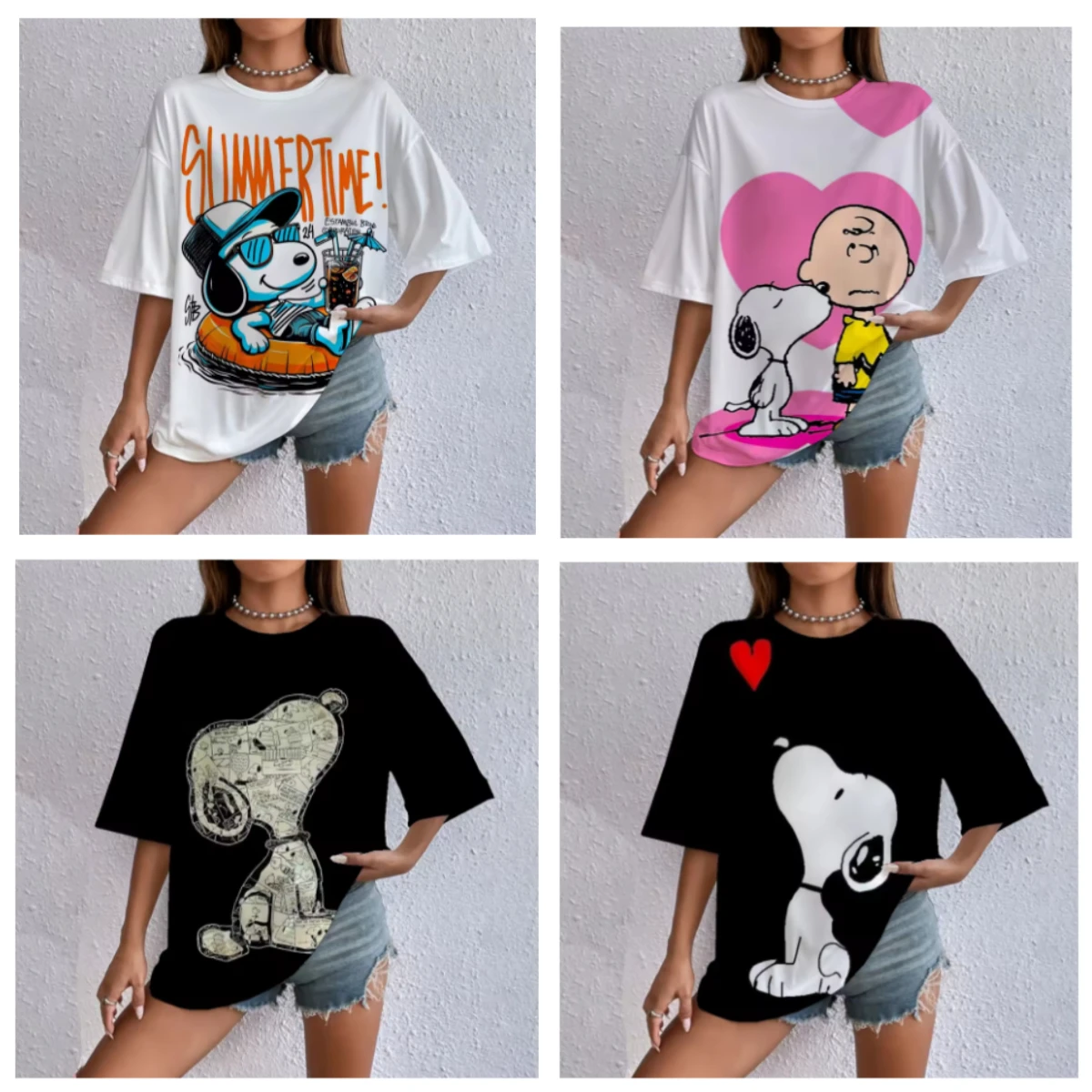 

Повседневная футболка с короткими рукавами и принтом Snoopy для женщин, одежда больших размеров, уличная одежда, новинка 2023 года, летние футболки для женщин с героями мультфильмов