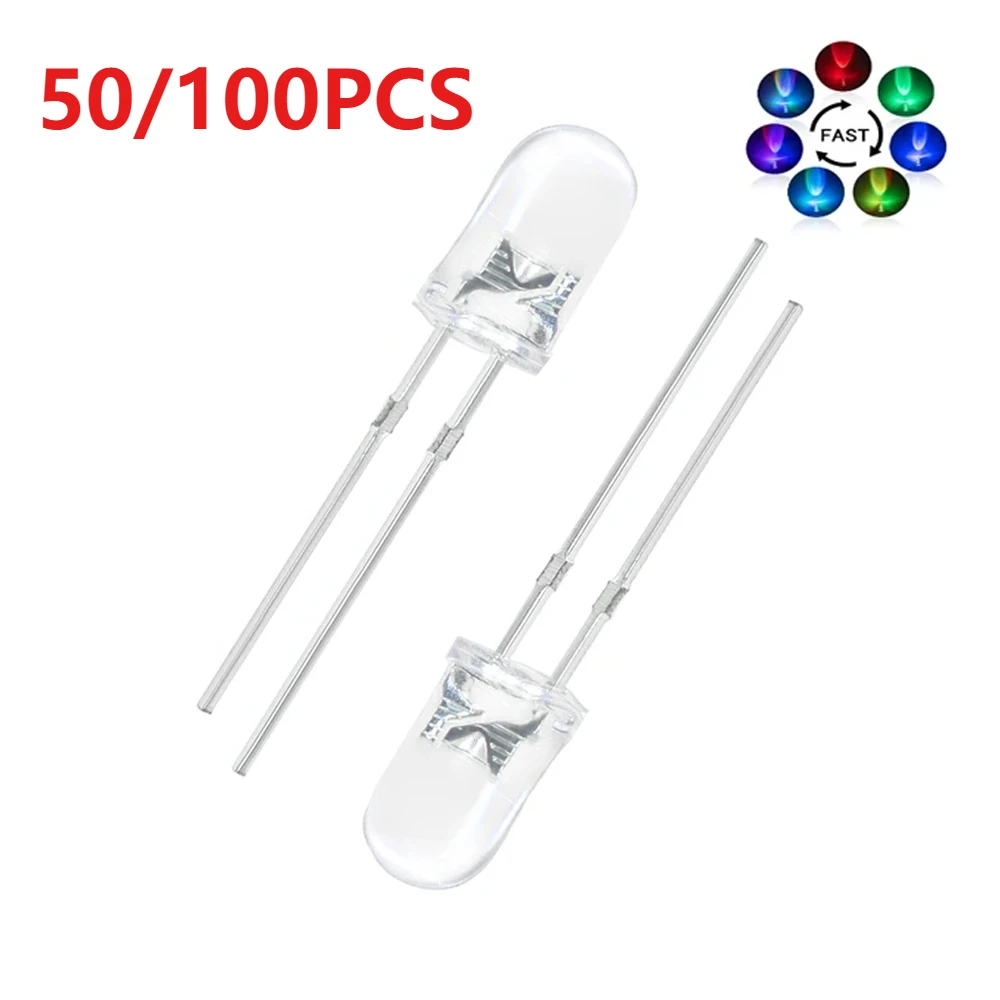 50/100pcs Multicolor 5MM Transparent Round LED Diode F5 Slow/Fast Flashing Full Color 2 Pins LED Light Emitting Diodes Kit