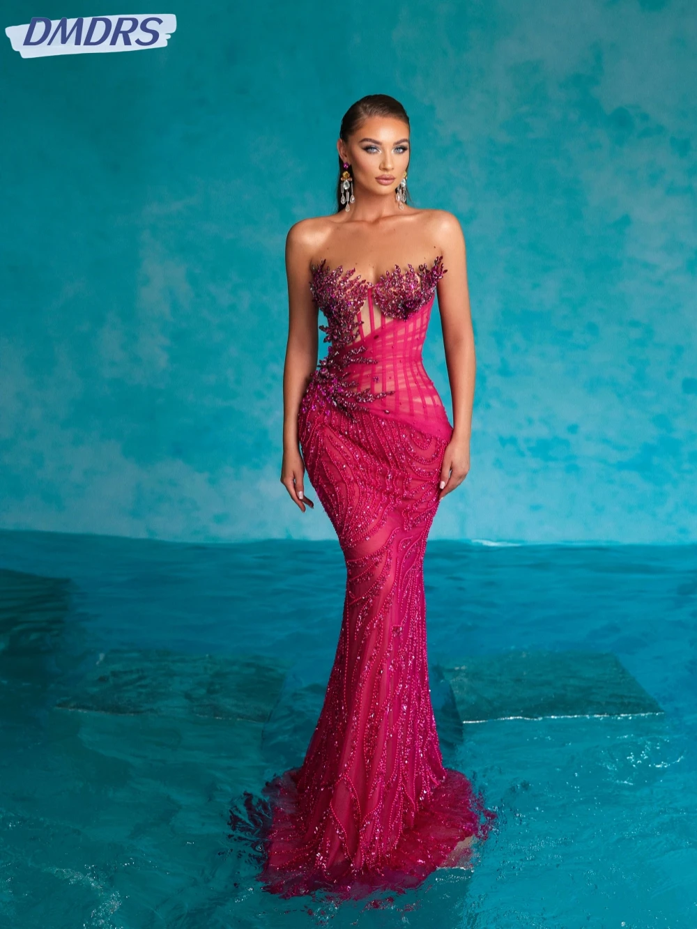 

Luxury Rose Red Mermaid Long Evening Dress Beaded Rhinestones Wedding Party Gowns 2025 Customized V-neck Sleeveless Prom Dresses