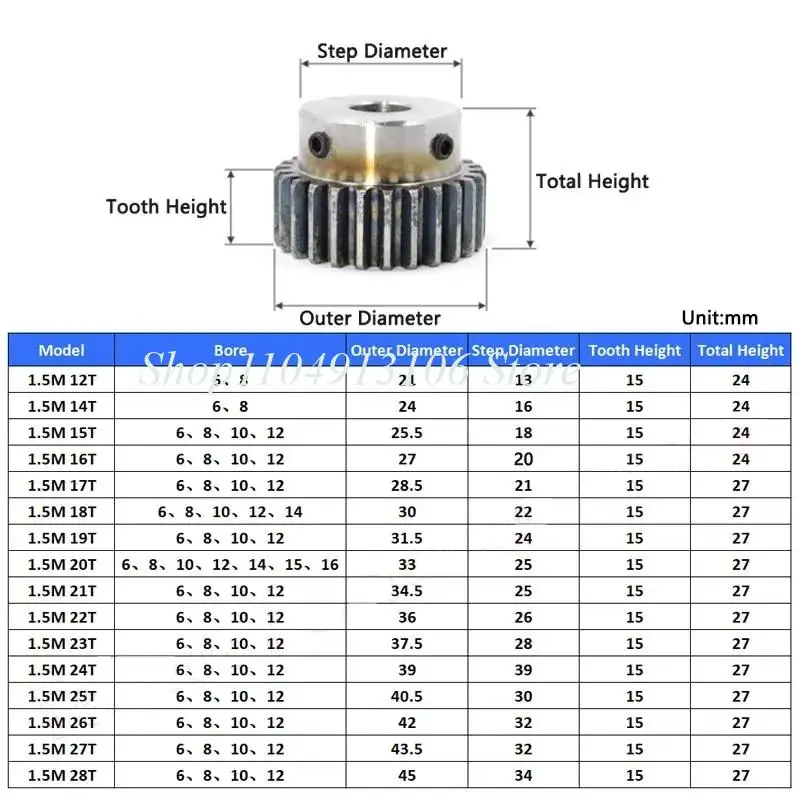 1 قطعة 1.5 متر حفز والعتاد ترس نموذج 1.5 ترس المحرك مع خطوة 12-28 الأسنان OD 21 مللي متر-45 مللي متر الكربون الصلب تتحمل 6/8/10/12/14/15/16 مللي متر
