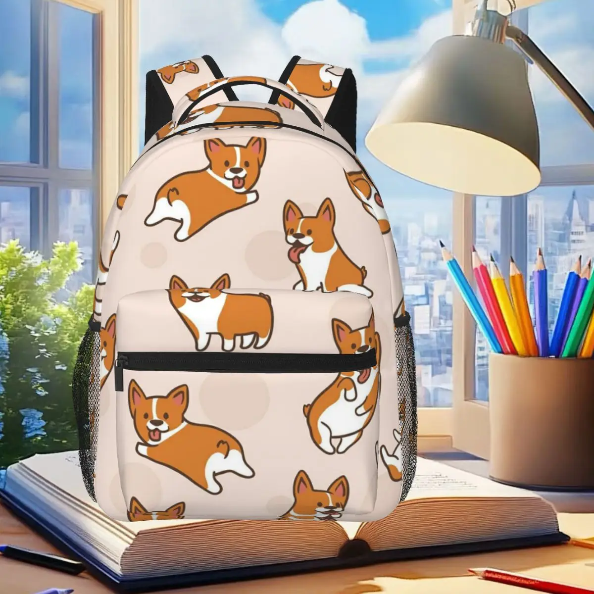 

Cute Corgis And Footprint Pattern Backpack Student Boys Girls BookBag Kids School Bag Laptop Shoulder Bags for Men Women